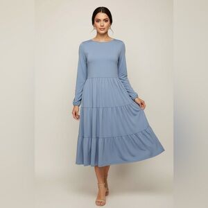 Women’s Long Sleeve Tiered Midi Dress - Dusty Blue